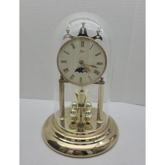 Elgin Moon Phase Desk Mantle Clock Quartz Glass Brass Dome 11" Parts - Picture 1 of 10